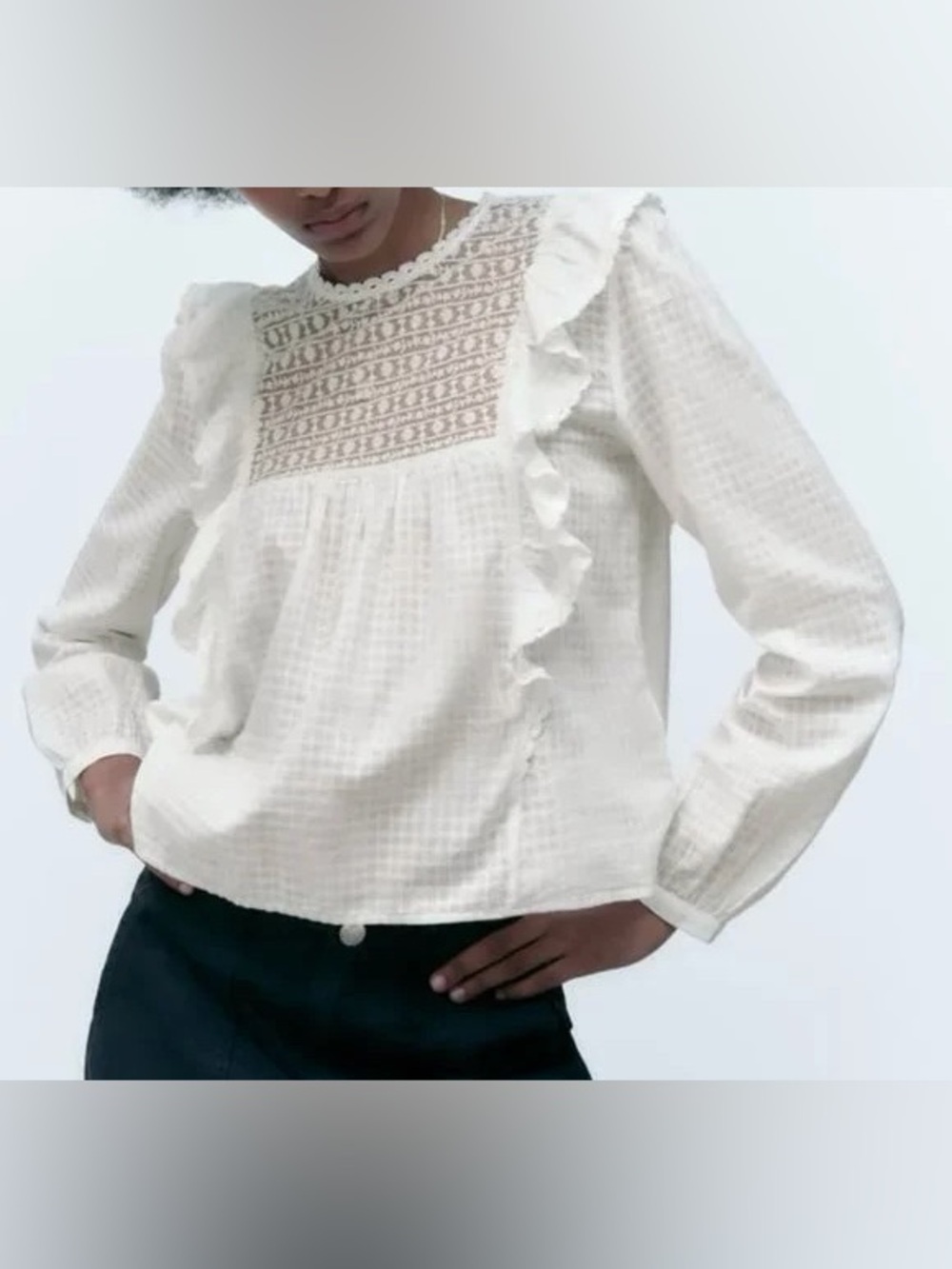 NWT Zara White Lace-Trim Smocked Baby Doll Blouse